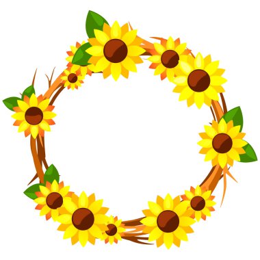 Decorative circle wreath with sunflowers on branch.