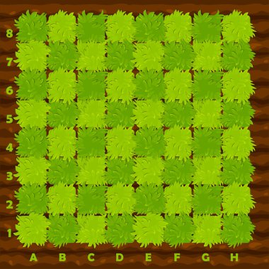 Farm style chess board for 2D game interface UI. Beds with grass on the field for playing chess
