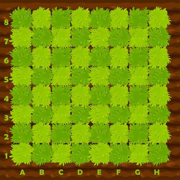 Farm style chess board for 2D game interface UI. Beds with grass on the field for playing chess