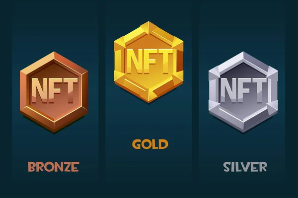 Nft Award Badge Game Resources Different Metals Gold Silver Bronze — ストックベクタ