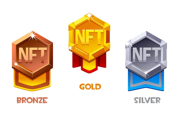 Nft Award Badge Game Resources Different Metals Gold Silver Bronze — Vetor de Stock