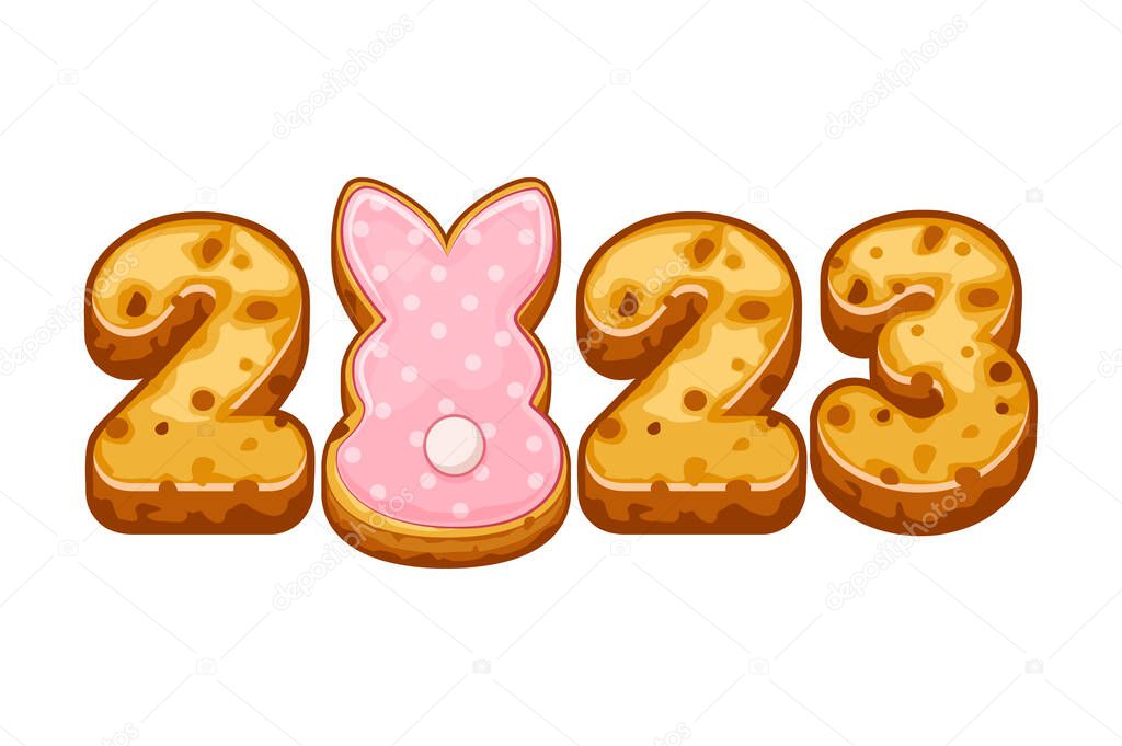 Biskvit cookies with 2023 and rabbit. Happy New Year 2023, Greeting card template.
