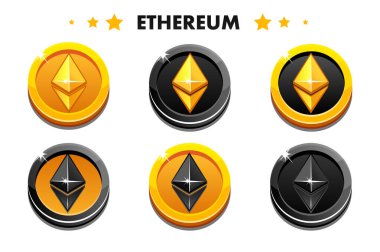 Vektör Altın ve siyah ETHEREUM paraları. Kripto Para Birimi, Geleceğin ETHEREUM İnternet para birimini Ayarla.