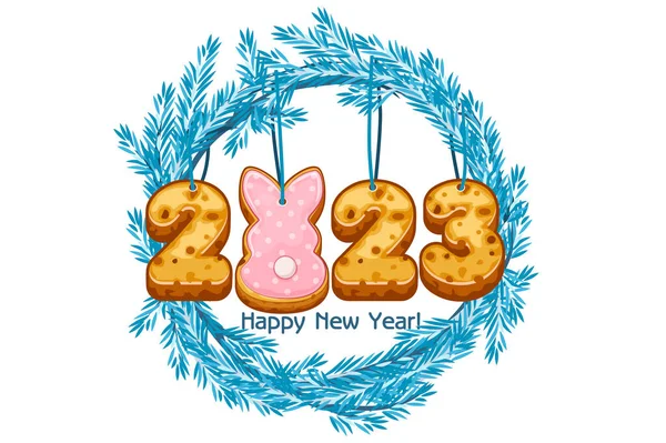 Блакитний Вінок Ялина Щасливий Новий Рік Печиво 2023 Рік Кролик — стоковий вектор