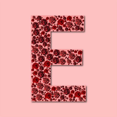 Yazı tipi alfabe harfi gül çiçekli, pembe, kırmızı, yazı stili vektör İngilizce büyük, süslü bitki.