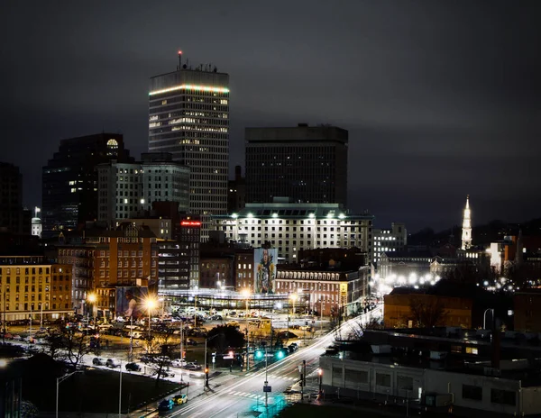 Cars Speed Downtown Providence Dreary Grey Night — Stock Photo, Image