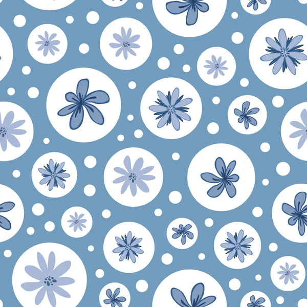 Blue doodle floral seamless pattern with pastel cute flowers in bubbles. Repeat background. — Stockvektor