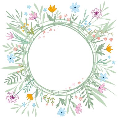 El çizimi kare kart ve karalama pastel çiçekler. Boş çember kopyalama alanı.