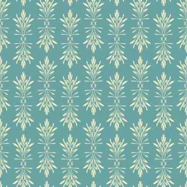 Damask çiçeklerinin dikişsiz deseni. Yeşil arka planda normal mürekkep yaprakları. Paket, kumaş, hatıra defteri veya duvar kağıdı için dekoratif şekiller.