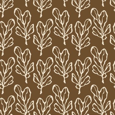 Kahverengi arka planda yaprakların izleri. El çizimi şekiller. Vektör kusursuz desen. Paket, kumaş, hatıra defteri veya duvar kağıdı için klasik çiçek arkaplanı.