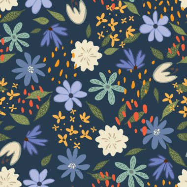Doodle colorful cute flower background. Vector childish floral seamless pattern with fairy flowers for design and fashion prints, wrapping, cards or fabric.