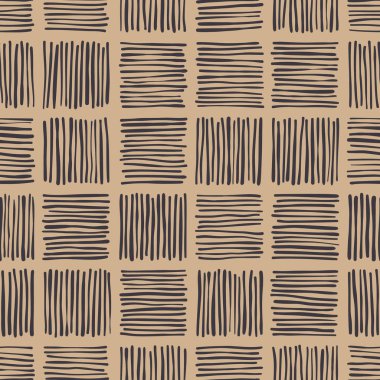 Hatched squares arranged in a regular seamless pattern. Brown background with pen strokes for projects, cards, wallpaper or wrapping paper.
