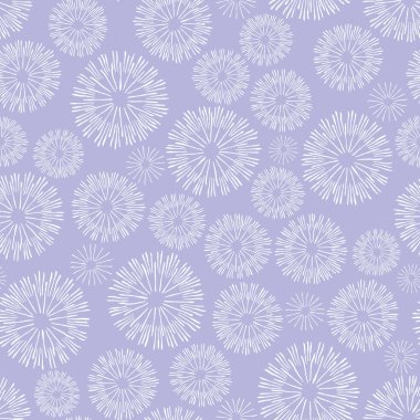 Circles with hand-drawn lines like snowflakes. Lilac seamless pattern. Purple background for wrapping, fabric, wallpaper or cards.