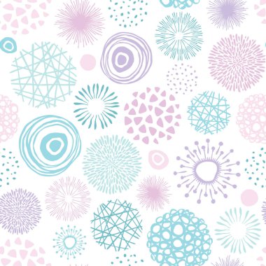 Vector seamless pattern. Circle texture with doodle and scribble shaps. Hand drawn shapes. Pink and blue. Background for wrapping, fabric, wallpaper or cards.