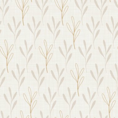 Bej kumaşlı arka planda yapraklar var. Altın hatlı elementler. Keten liflerin dokusu. Düzenli çiçek yineleme deseni. Kartlar, ambalaj kağıtları veya duvar kağıtları için vektör arkaplanı.