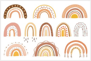Pastel kahverengiyle boho tarzında şirin gökkuşakları. Doğal karalama elementleri seti. Çıkartmalar, kartlar ve çocuk resimleri, çocuklar için yatak odası veya anaokulu.