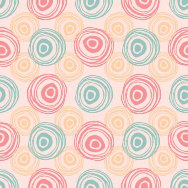 Yazı daireleri dokusu. Yeşil, kırmızı, turuncu ve pembe renkler. Düzenli, soyut, kusursuz desen. Paket, kumaş, duvar kağıdı veya kartlar için el çizimi unsurlar.