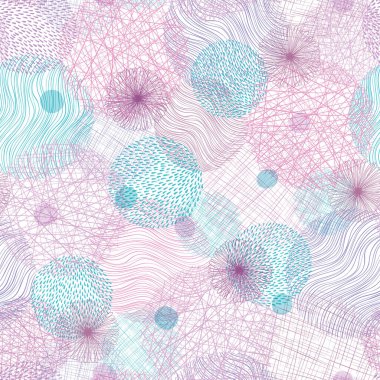 Pembe ve mavi soyut yuvarlak dokular. Karalama çizgileri, noktaları, döngüleri ve çiçekleri olan modern elementler. Karalama deseni yok. Kumaş, ambalaj, duvar kağıdı veya kartlar için el çizimi unsurlar.