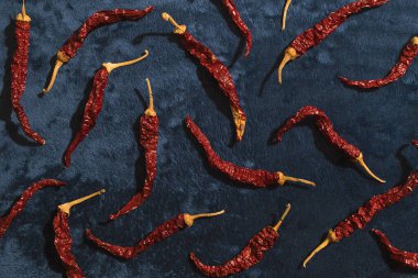 Mavi arka planda kırmızı kurutulmuş kırmızı biberin yaşamı.