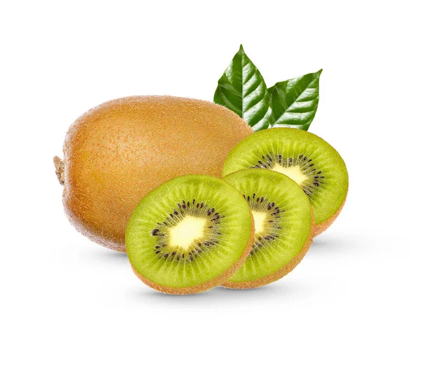 Kiwi Fresco Con Foglie Isolate Fondo Bianco — Foto Stock