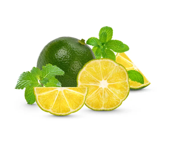 Fresh Lime Sliced Mint Leaves Isolated White Background — Stock Photo, Image