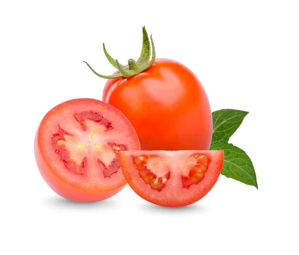 Verse Tomaten Met Bladeren Geïsoleerd Witte Achtergrond — Stockfoto