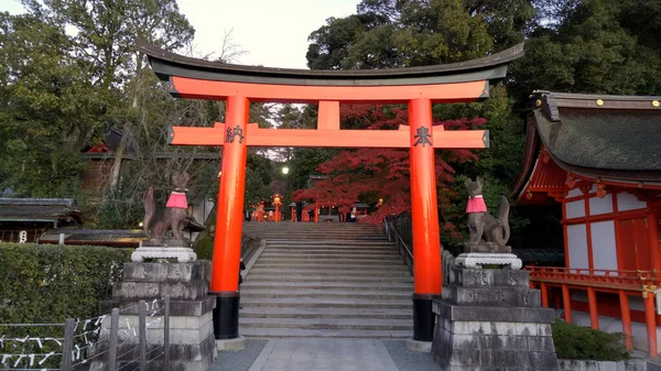 Raposas Espírito Guardião Santuário Inari Mensageiro Deus Sentado Lado Portão — Fotografia de Stock