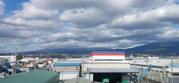 View Hikari Shinkansen Passing Town Factories Landscape View Blue Sky — Zdjęcie stockowe
