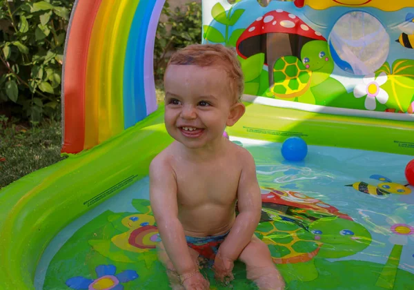 Having Bath Plastic Pool Produces Lot Laugh One Year Old — 图库照片