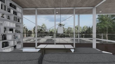 eskiz odası kanepe boş çerçeve kitap kılıfı ve geniş pencere modern ev iç tasarımı 3d illüstrasyon