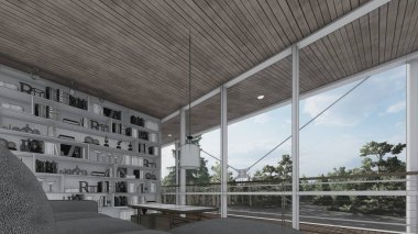 eskiz odası kanepe boş çerçeve kitap kılıfı ve geniş pencere modern ev iç tasarımı 3d illüstrasyon