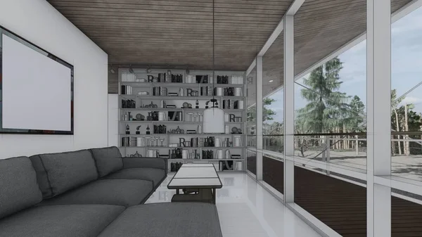 eskiz odası kanepe boş çerçeve kitap kılıfı ve geniş pencere modern ev iç tasarımı 3d illüstrasyon