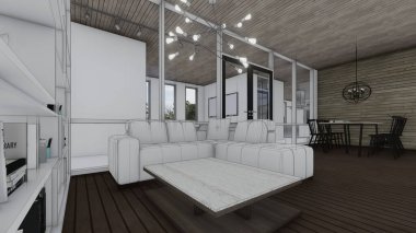 Oturma odasındaki kanepe sehpası. Modern ev tasarımının üç boyutlu taslağını çiz.