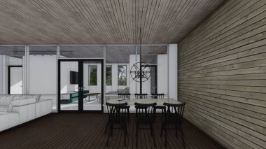 Kitap kitaplığı asılı lamba yemek odası iç taslak 3D illüstrasyon