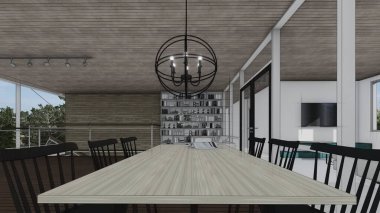 Kitap kitaplığı asılı lamba yemek odası iç taslak 3D illüstrasyon