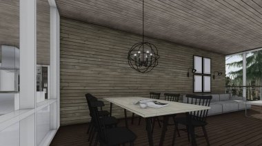 Kitap kitaplığı asılı lamba yemek odası iç taslak 3D illüstrasyon