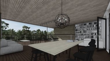 Kitap kitaplığı asılı lamba yemek odası iç taslak 3D illüstrasyon