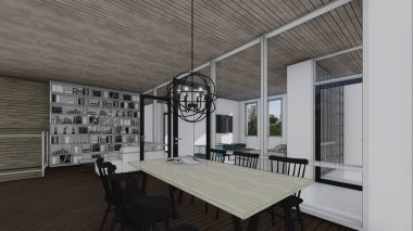 Kitap kitaplığı asılı lamba yemek odası iç taslak 3D illüstrasyon