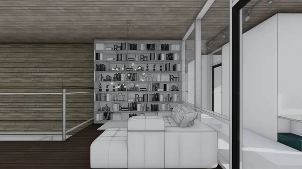 Καναπέ Τραπέζι Βιβλιοθήκη Στο Σαλόνι Σκίτσο Μοντέρνο Σχεδιασμό Σπίτι Εικονογράφηση — Φωτογραφία Αρχείου