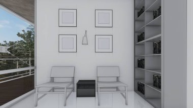 Kitaplık odası yüksekliği sandalyeler kitaplığı boş fotoğraf çerçevesi iç taslak 3d illüstrasyon