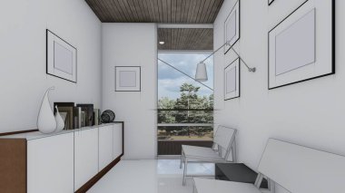 Kitaplık odası yüksekliği sandalyeler kitaplığı boş fotoğraf çerçevesi iç taslak 3d illüstrasyon