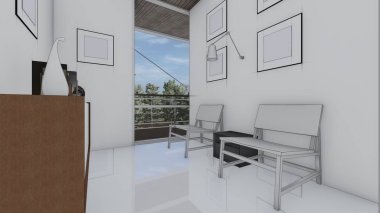 Sandalyeleri olan kütüphane kitap odası boş fotoğraf çerçevesi iç taslak 3d illüstrasyon