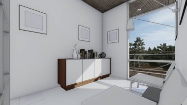 Sandalyeleri olan kütüphane kitap odası boş fotoğraf çerçevesi iç taslak 3d illüstrasyon