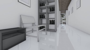 Sandalyeleri olan kütüphane kitap odası boş fotoğraf çerçevesi iç taslak 3d illüstrasyon