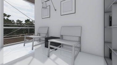 Sandalyeleri olan kütüphane kitap odası boş fotoğraf çerçevesi iç taslak 3d illüstrasyon