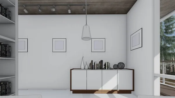 Kitaplık odası yüksekliği sandalyeler kitaplığı boş fotoğraf çerçevesi iç taslak 3d illüstrasyon