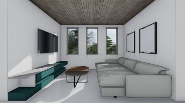 Boş model televizyon odası ve boş çerçeve fotoğraf masası kanepe iç taslak 3D çizim