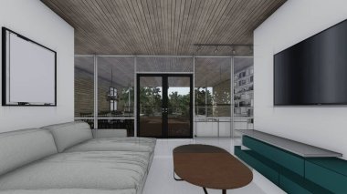 Boş model televizyon odası ve boş çerçeve fotoğraf masası kanepe iç taslak 3D çizim