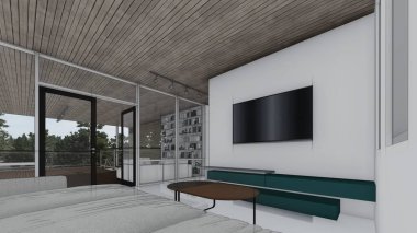 Boş model televizyon odası ve boş çerçeve fotoğraf masası kanepe iç taslak 3D çizim