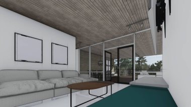 Boş model televizyon odası ve boş çerçeve fotoğraf masası kanepe iç taslak 3D çizim